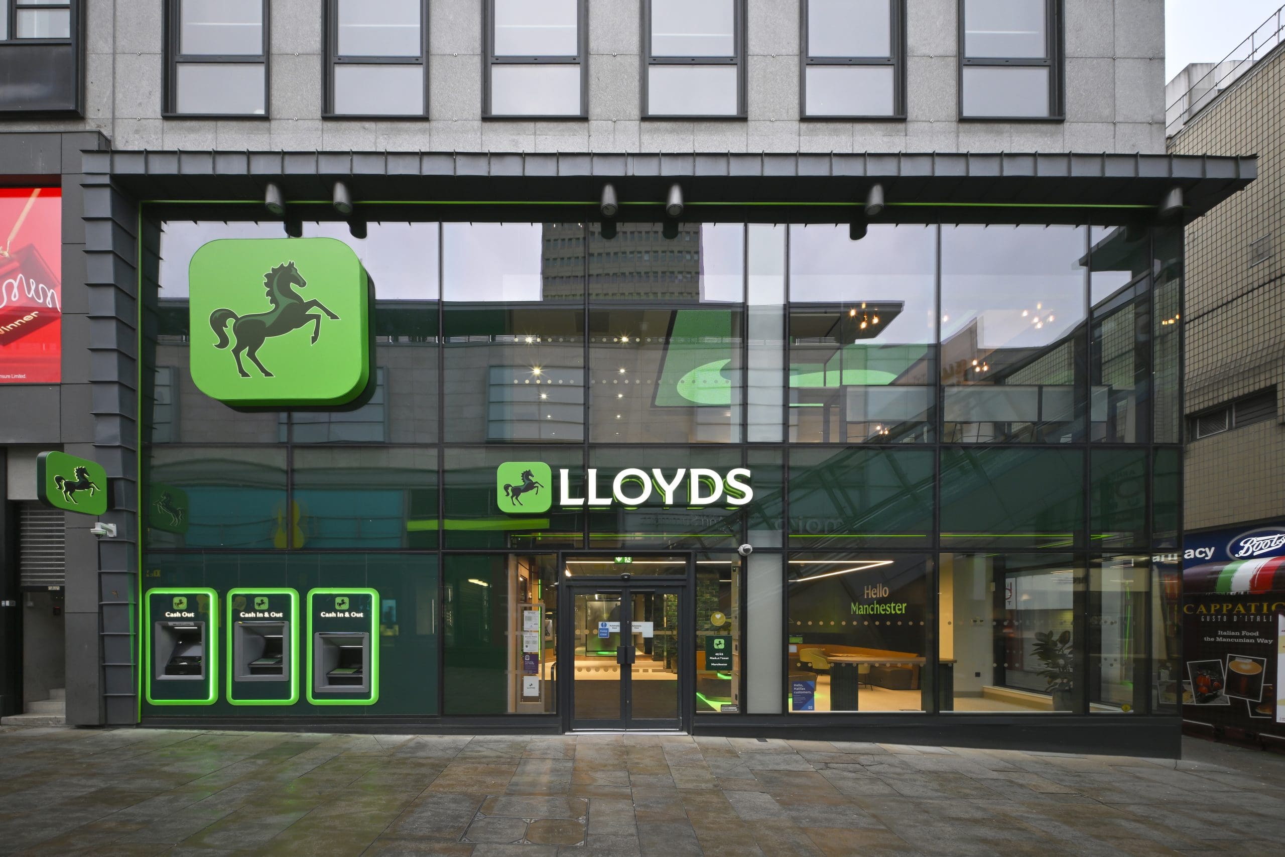 Lloyds Bank Manchester flagship exterior showcasing modern branding design and customer-focused branch layout