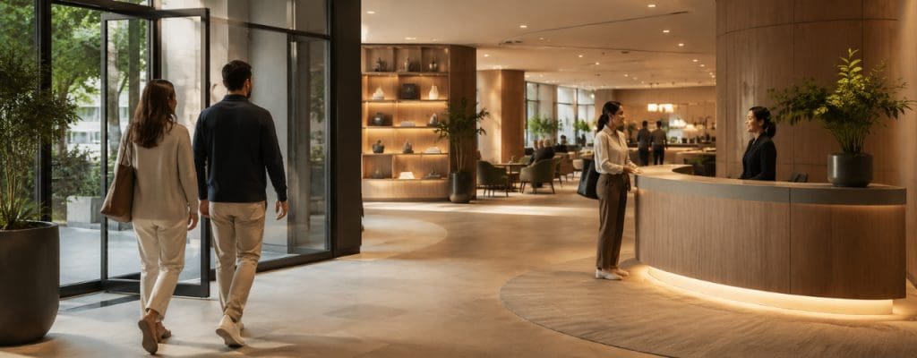 Customers entering a thoughtfully designed reception space with clear sightlines, visible staff and intuitive routes.