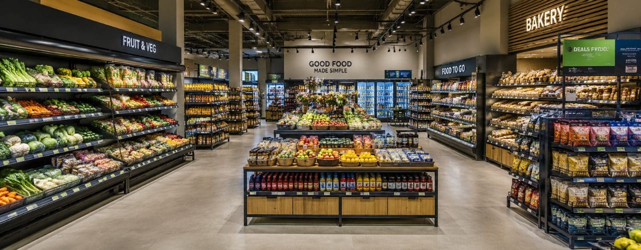 Modern supermarket interior with clearly defined fruit and veg, bakery and food-to-go zones, organised displays and wide customer pathways.