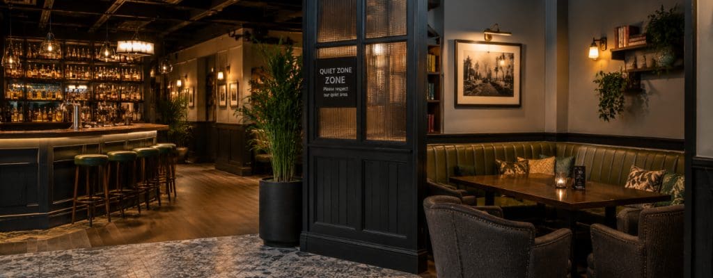 Modern pub interior with a lively bar area and a separate quieter seating zone with comfortable chairs, warm lighting and planting.