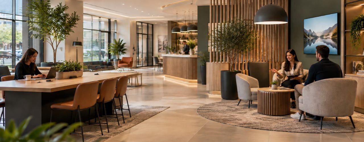 Modern customer space with flexible work areas, consultation seating, natural planting and a central service point designed for different visitor needs.