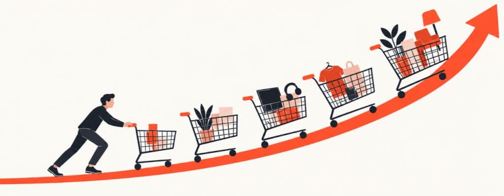 Illustration of a man pushing shopping trolleys along an upward arrow, representing emerging retail trends, growth and changing customer priorities.