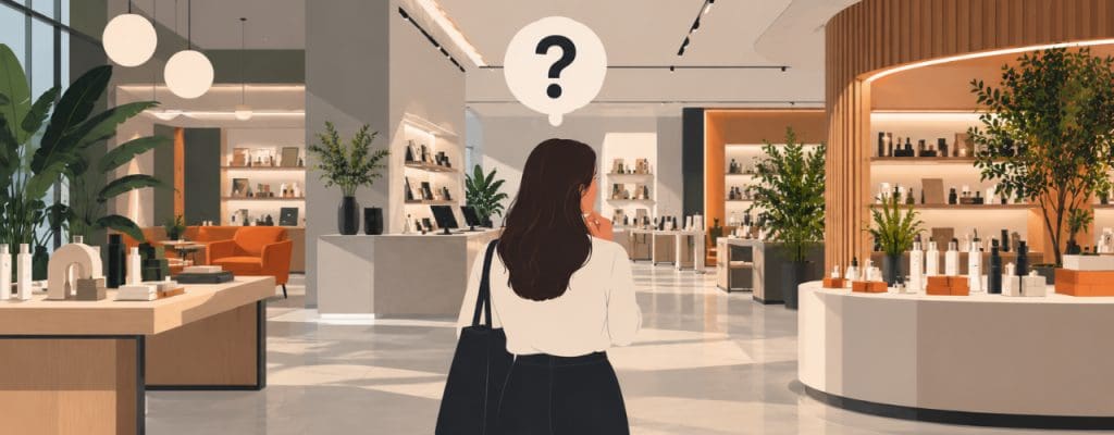 Customer viewing a distinctive retail environment without visible branding, represented by a question mark to explore whether the experience is recognisable without a logo.