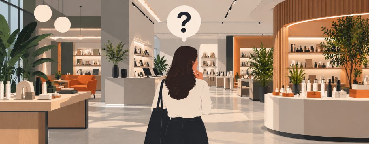 Customer viewing a distinctive retail environment without visible branding, represented by a question mark to explore whether the experience is recognisable without a logo.