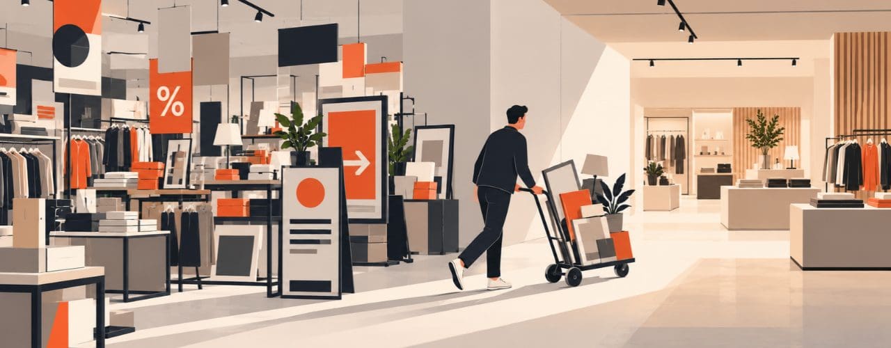 Illustration of a retailer removing excess signage, displays and fixtures to create a clearer, more open retail space.